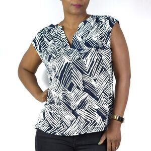 Trina Turk Tunic Top Blue Navy Rayon Brushstroke Print Cap Sleeves Size Medium